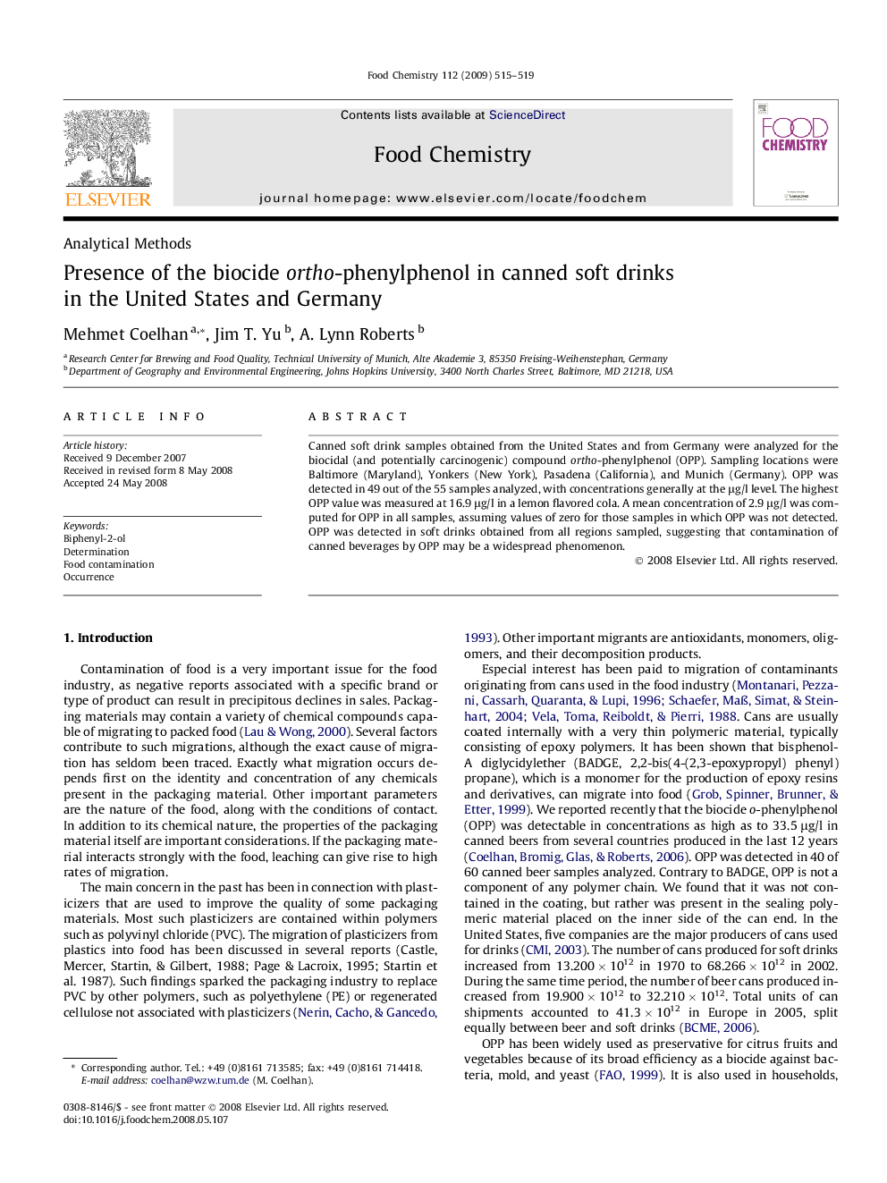 Presence of the biocide ortho-phenylphenol in canned soft drinks in the United States and Germany