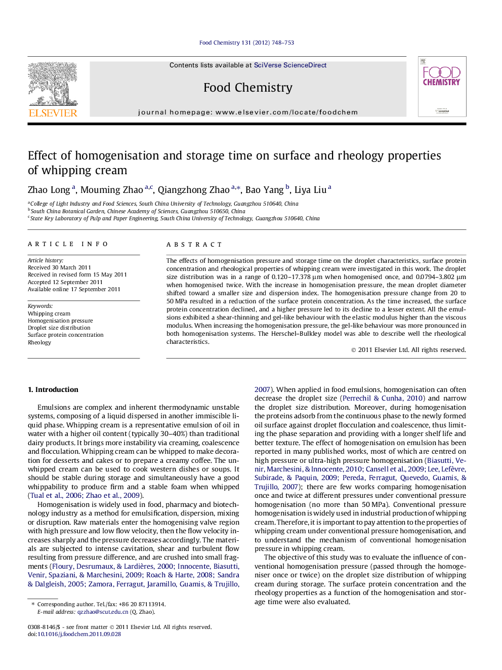 Effect of homogenisation and storage time on surface and rheology properties of whipping cream