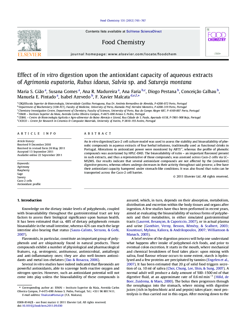 Effect of in vitro digestion upon the antioxidant capacity of aqueous extracts of Agrimonia eupatoria, Rubus idaeus, Salvia sp. and Satureja montana