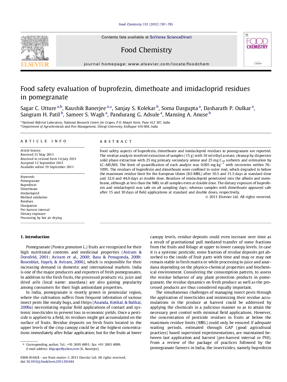 Food safety evaluation of buprofezin, dimethoate and imidacloprid residues in pomegranate