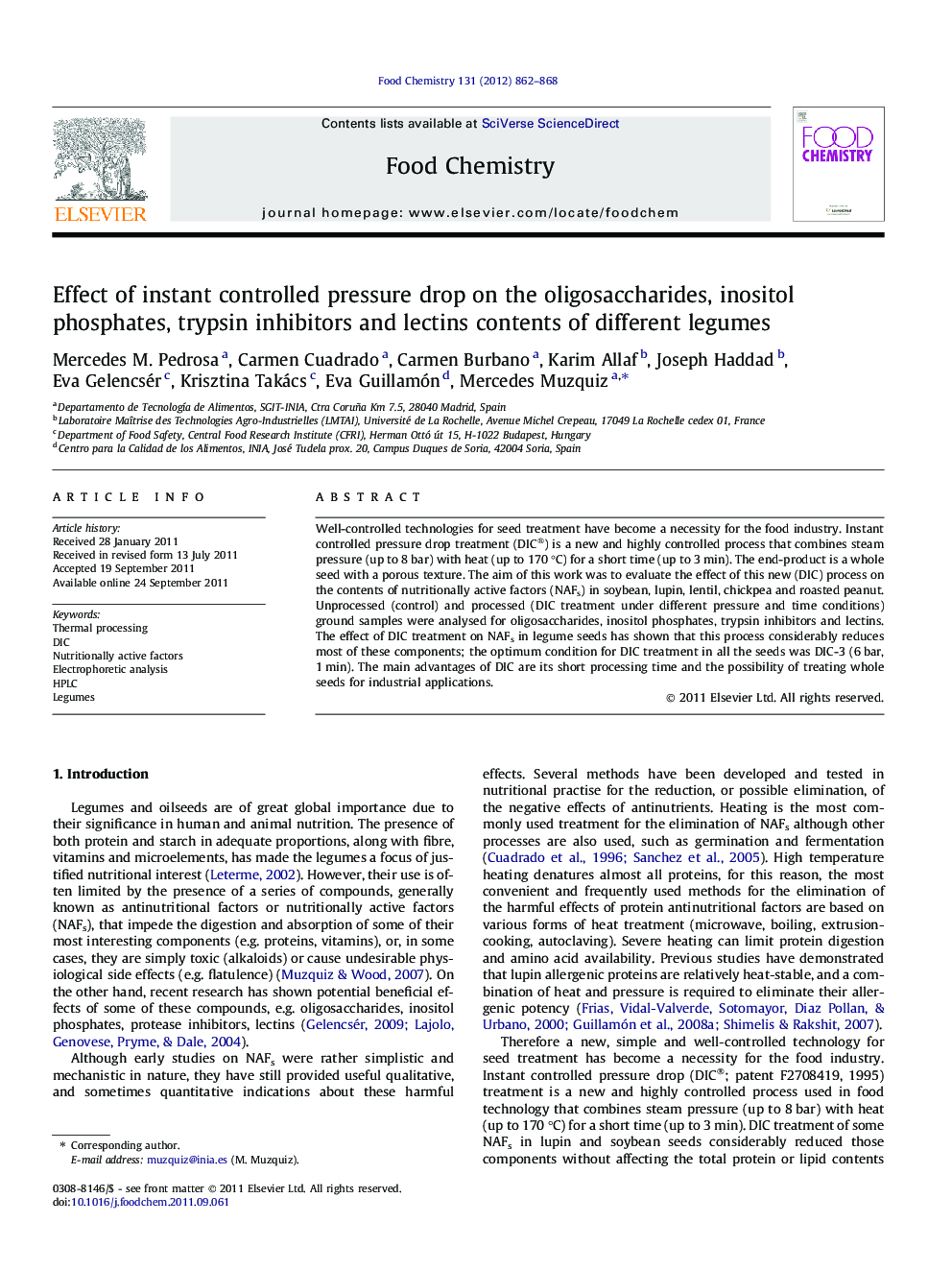 عکس صفحه اول مقاله: Effect of instant controlled pressure drop on the oligosaccharides, inositol phosphates, trypsin inhibitors and lectins contents of different legumes Effect of instant controlled pressure drop on the oligosaccharides, inositol phosphates, trypsin inhibitors and lectins contents of different legumes
