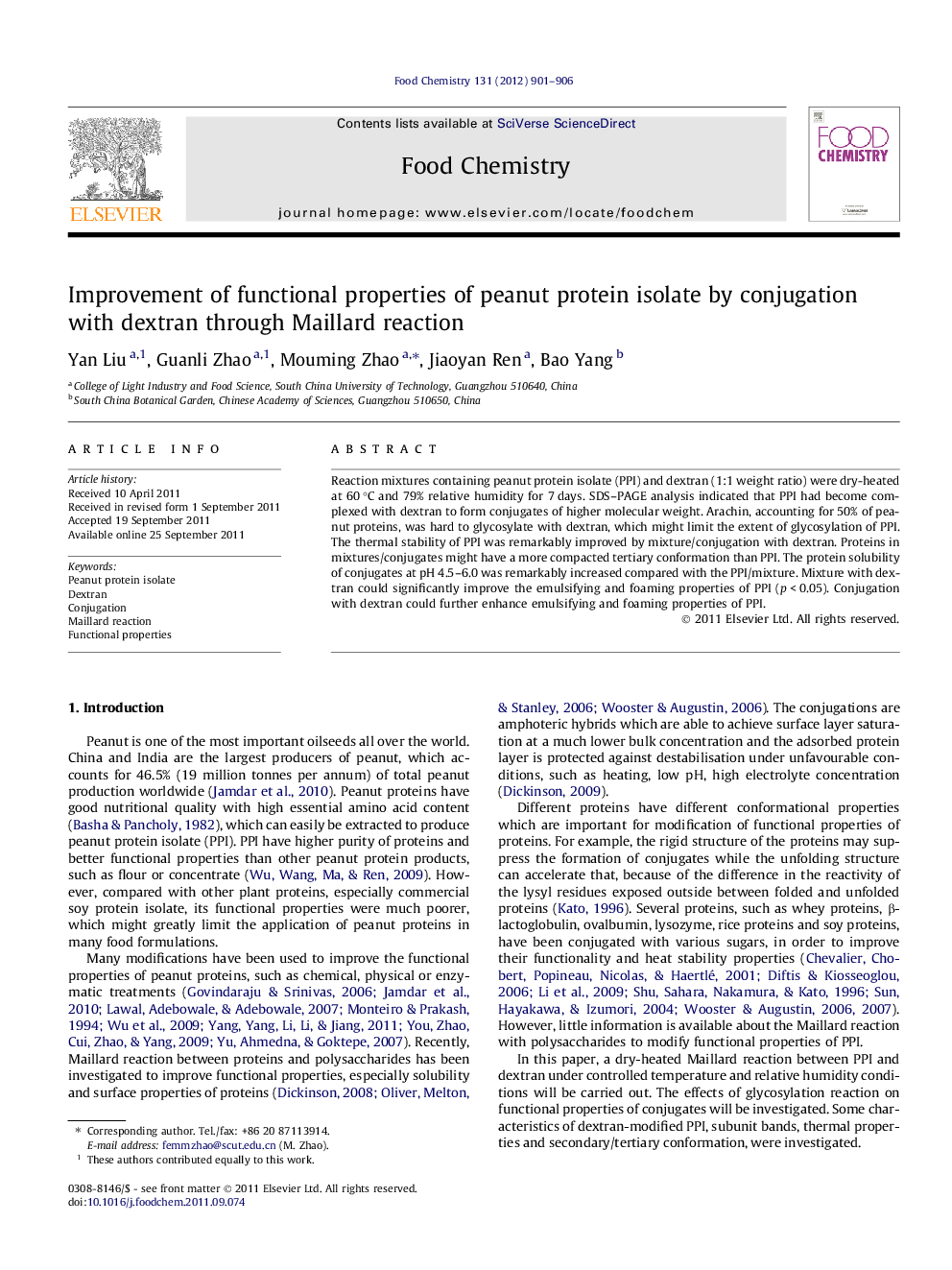 Improvement of functional properties of peanut protein isolate by conjugation with dextran through Maillard reaction