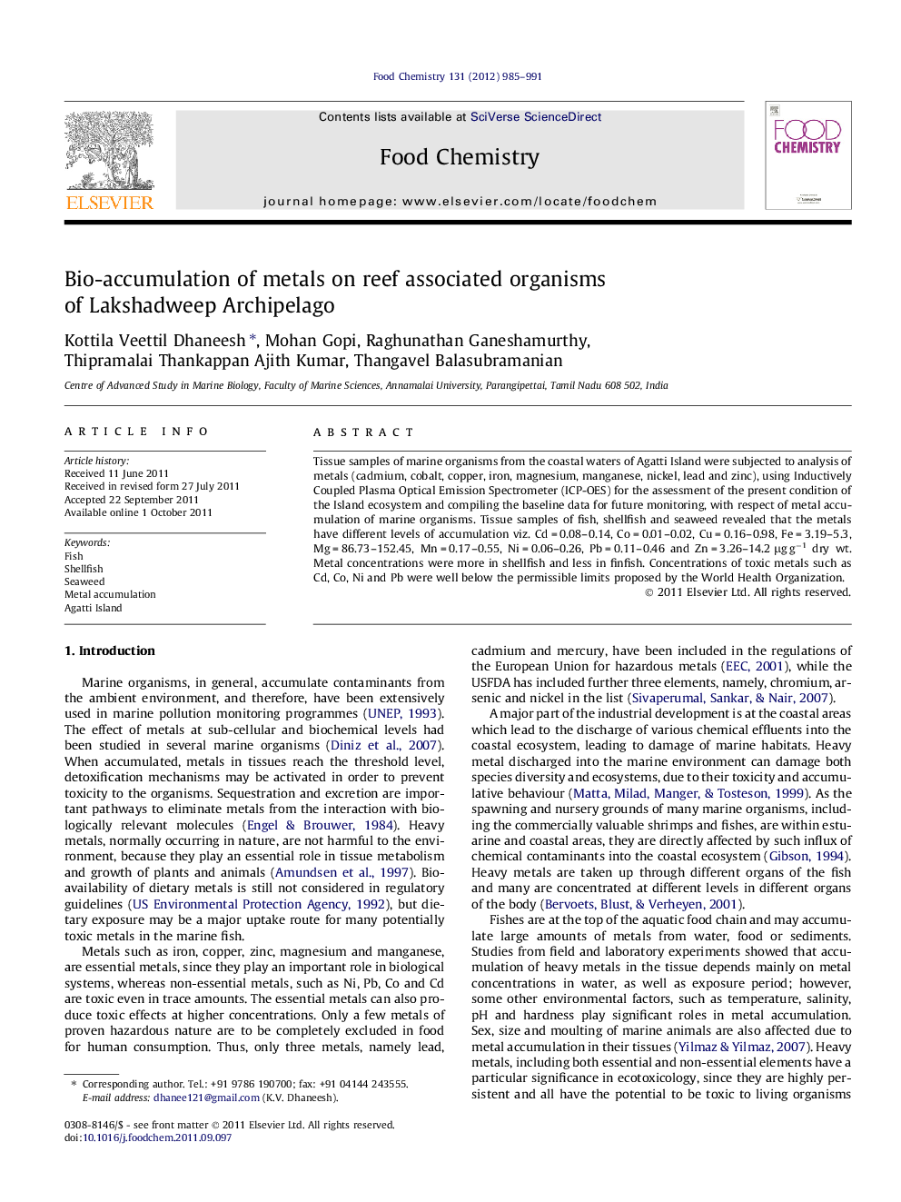 Bio-accumulation of metals on reef associated organisms of Lakshadweep Archipelago