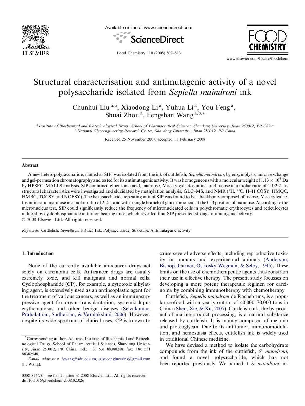 Structural characterisation and antimutagenic activity of a novel polysaccharide isolated from Sepiella maindroni ink