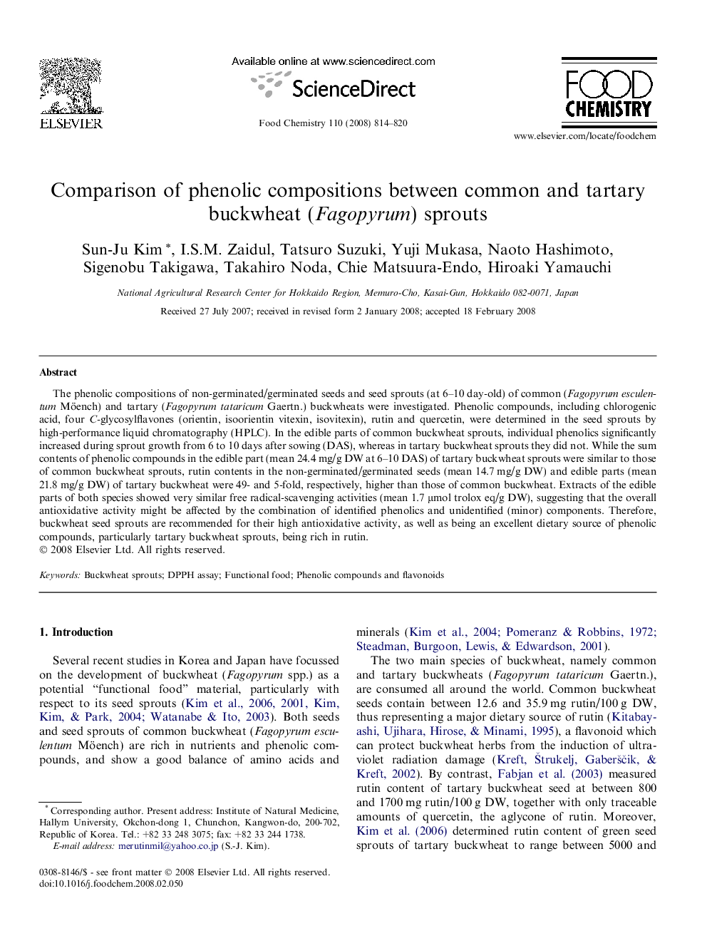 Comparison of phenolic compositions between common and tartary buckwheat (Fagopyrum) sprouts