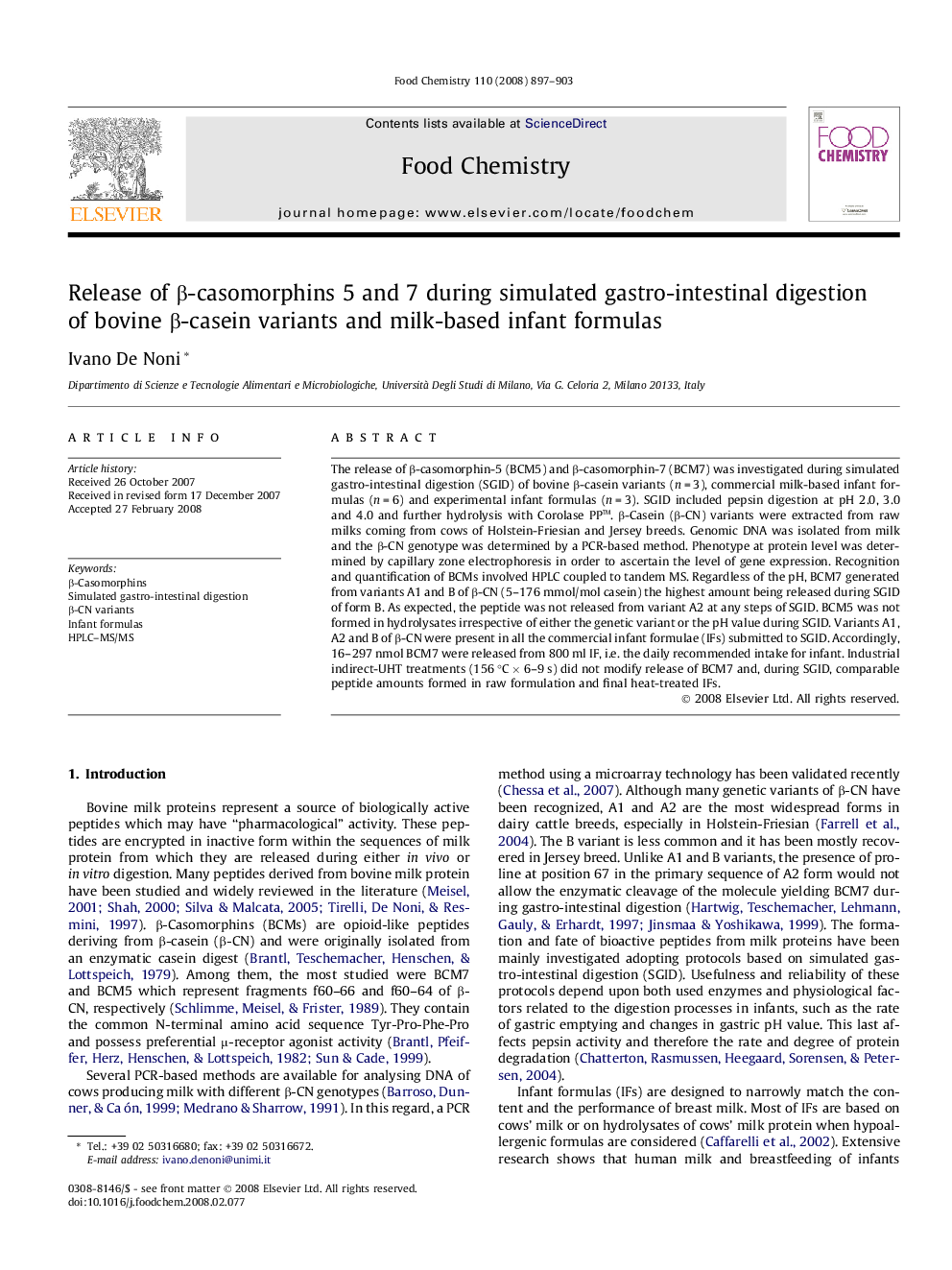 Release of β-casomorphins 5 and 7 during simulated gastro-intestinal digestion of bovine β-casein variants and milk-based infant formulas