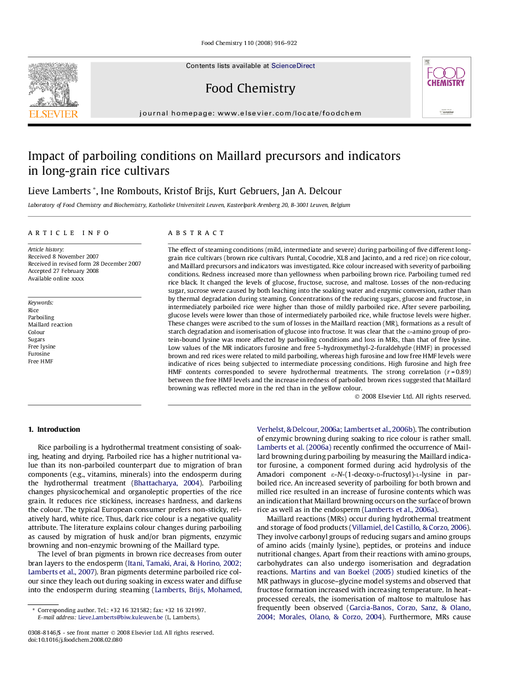 Impact of parboiling conditions on Maillard precursors and indicators in long-grain rice cultivars