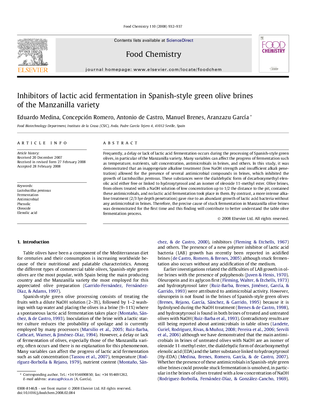 Inhibitors of lactic acid fermentation in Spanish-style green olive brines of the Manzanilla variety