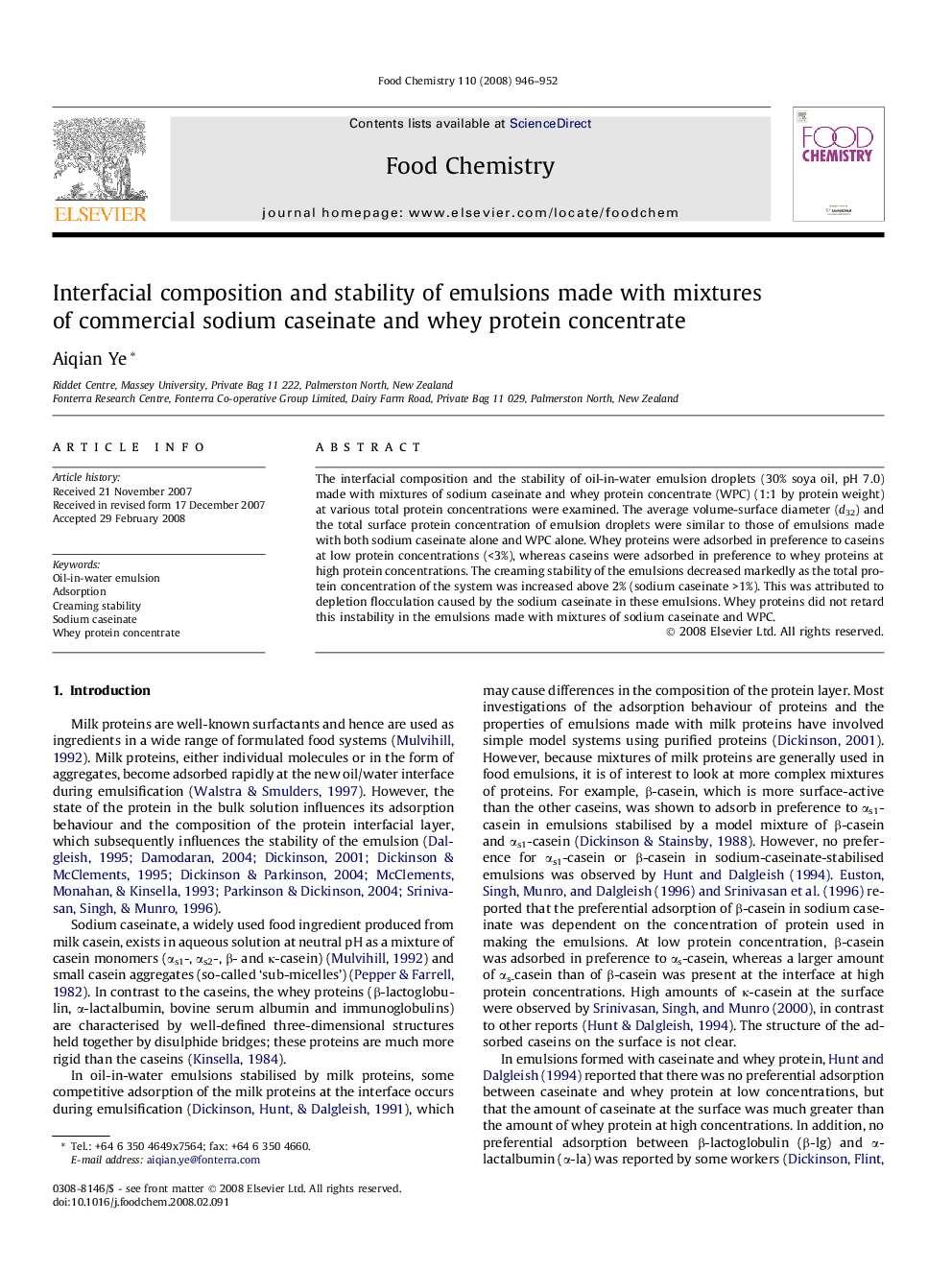 Interfacial composition and stability of emulsions made with mixtures of commercial sodium caseinate and whey protein concentrate