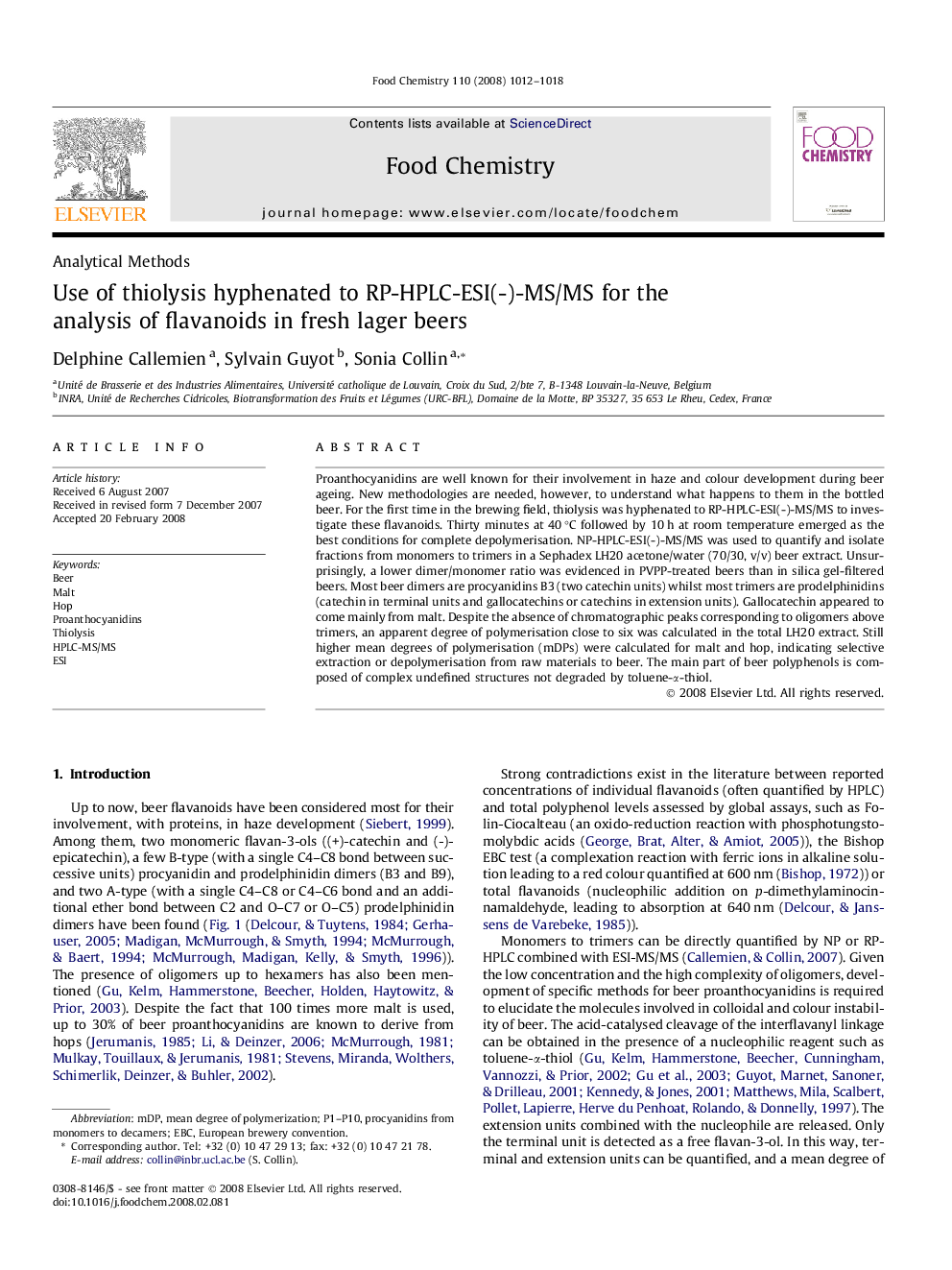 Use of thiolysis hyphenated to RP-HPLC-ESI(-)-MS/MS for the analysis of flavanoids in fresh lager beers