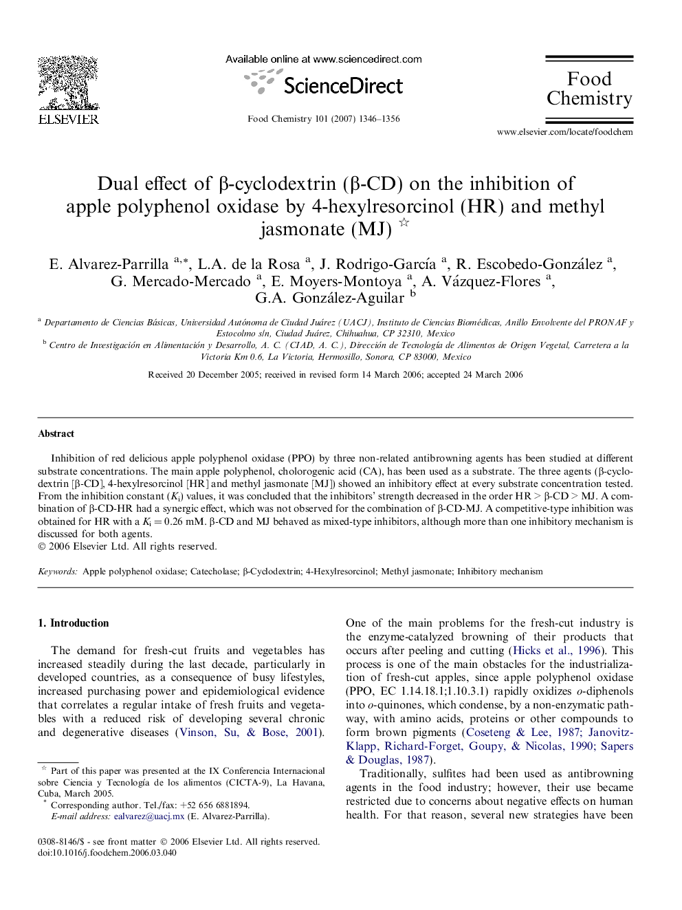 Dual effect of β-cyclodextrin (β-CD) on the inhibition of apple polyphenol oxidase by 4-hexylresorcinol (HR) and methyl jasmonate (MJ) 