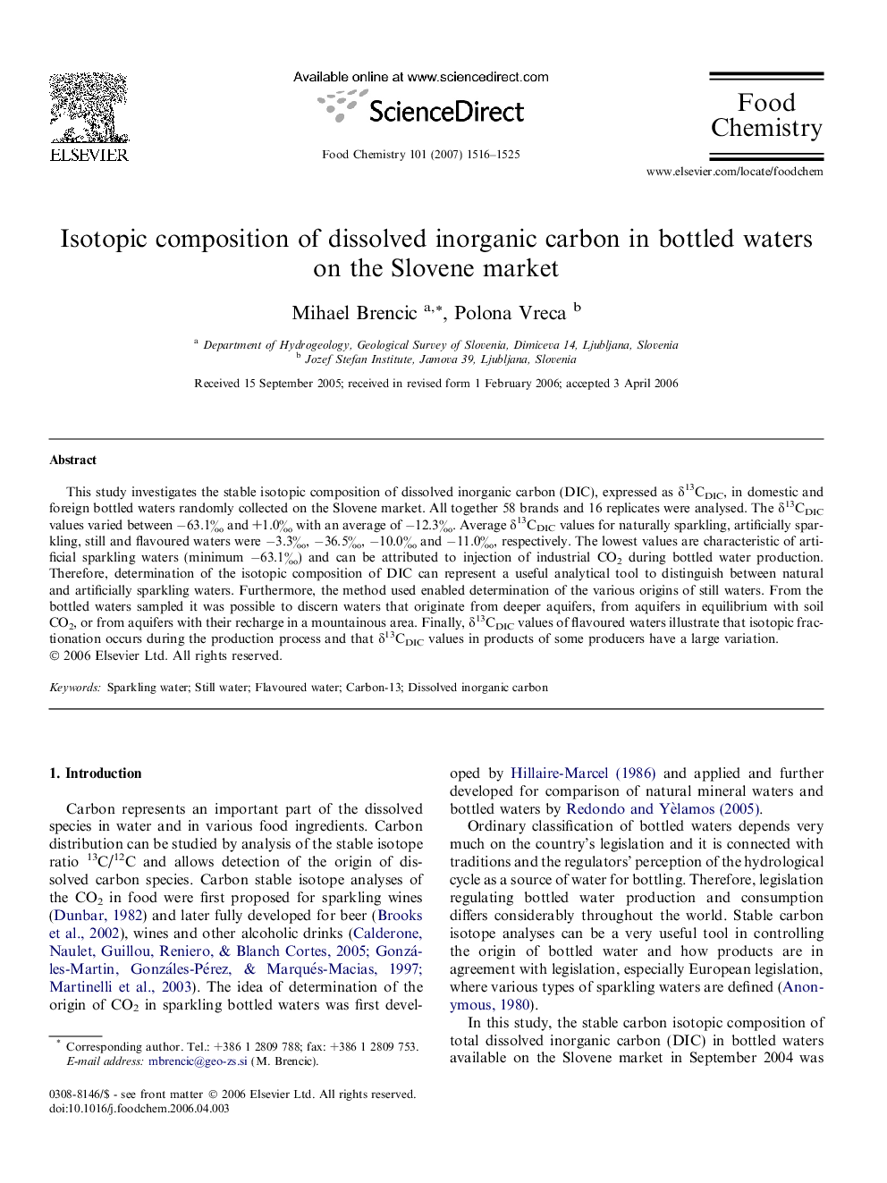 Isotopic composition of dissolved inorganic carbon in bottled waters on the Slovene market