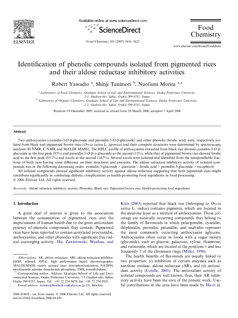 Identification of phenolic compounds isolated from pigmented rices and their aldose reductase inhibitory activities