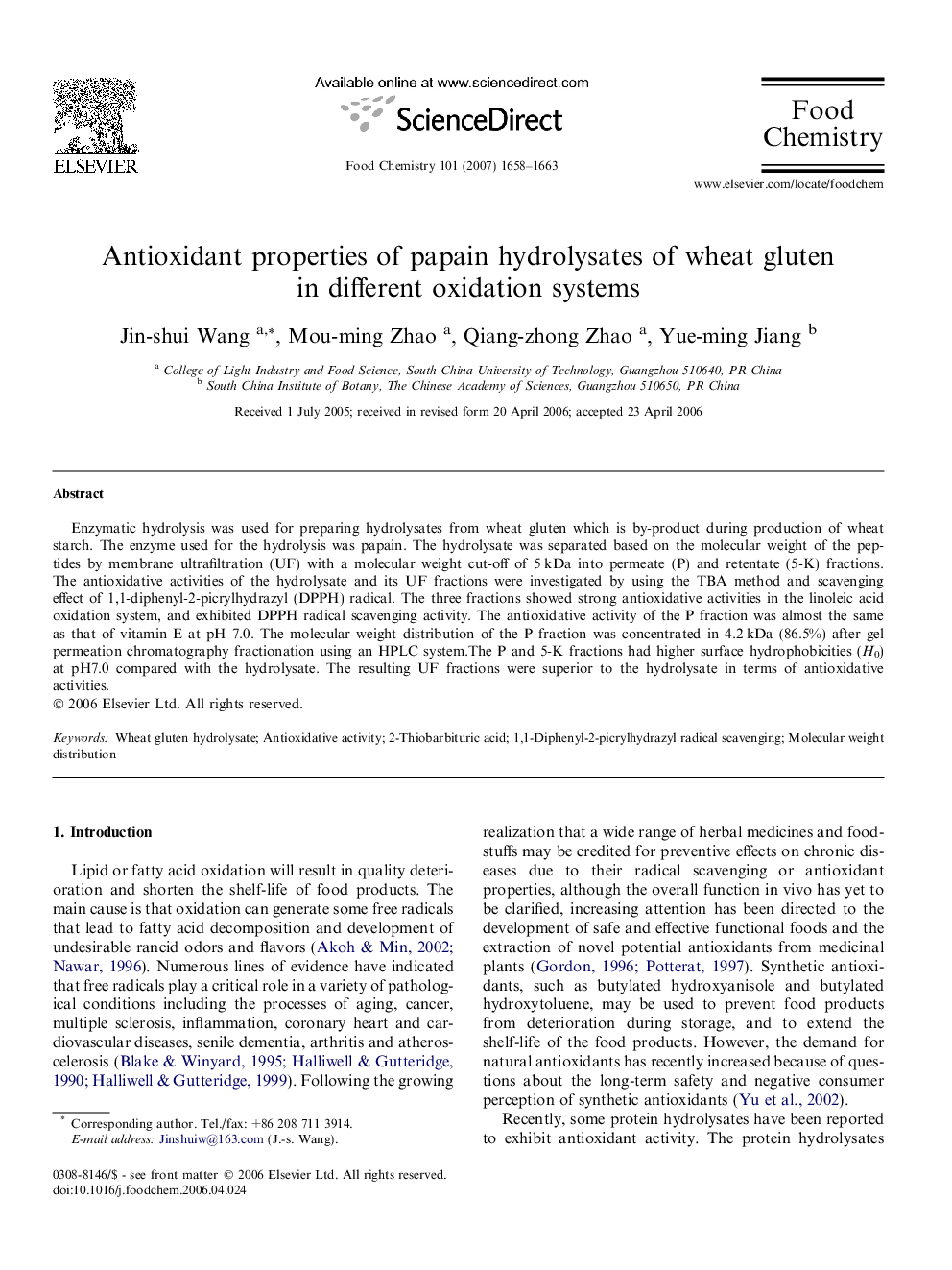 Antioxidant properties of papain hydrolysates of wheat gluten in different oxidation systems