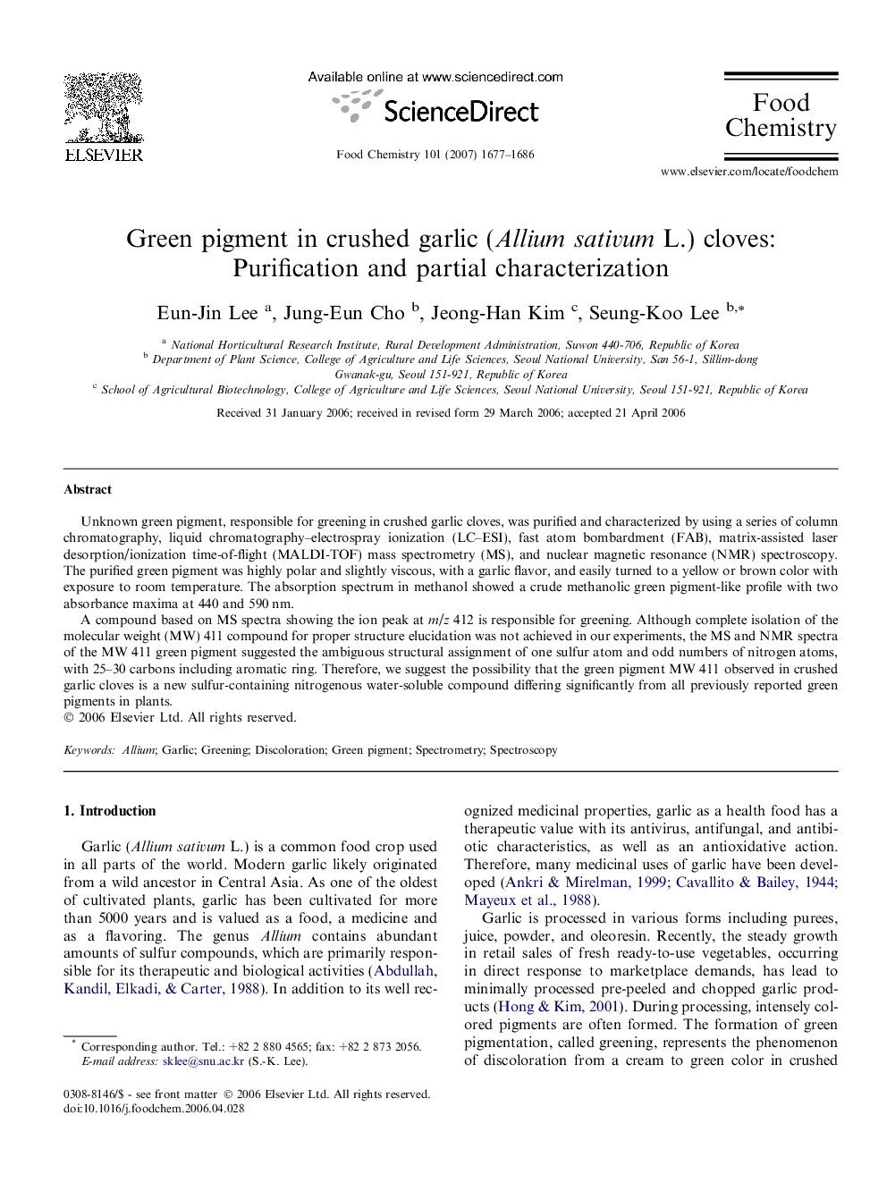 Green pigment in crushed garlic (Allium sativum L.) cloves: Purification and partial characterization