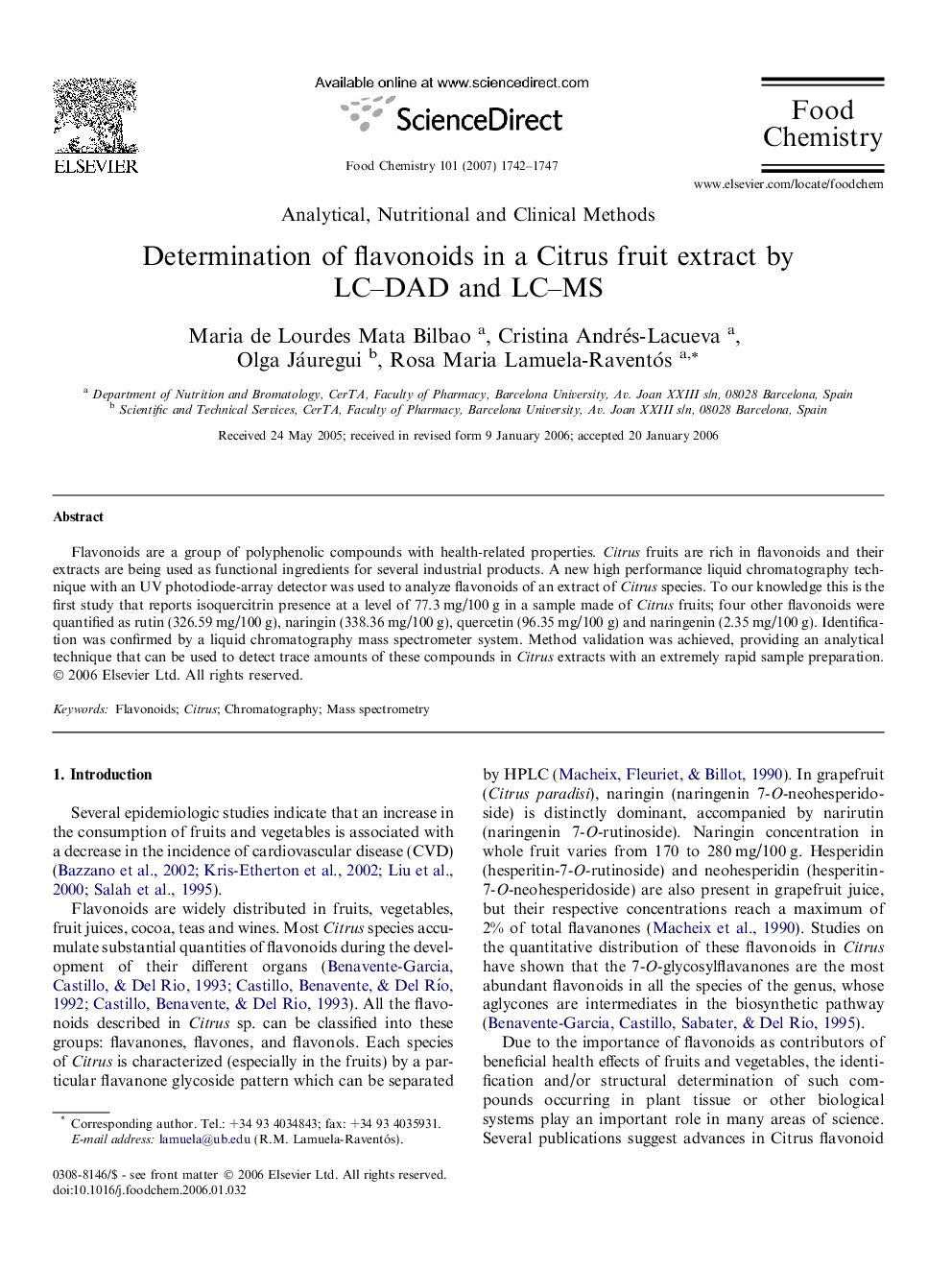 عکس صفحه اول مقاله: Determination of flavonoids in a Citrus fruit extract by LC–DAD and LC–MS Determination of flavonoids in a Citrus fruit extract by LC–DAD and LC–MS