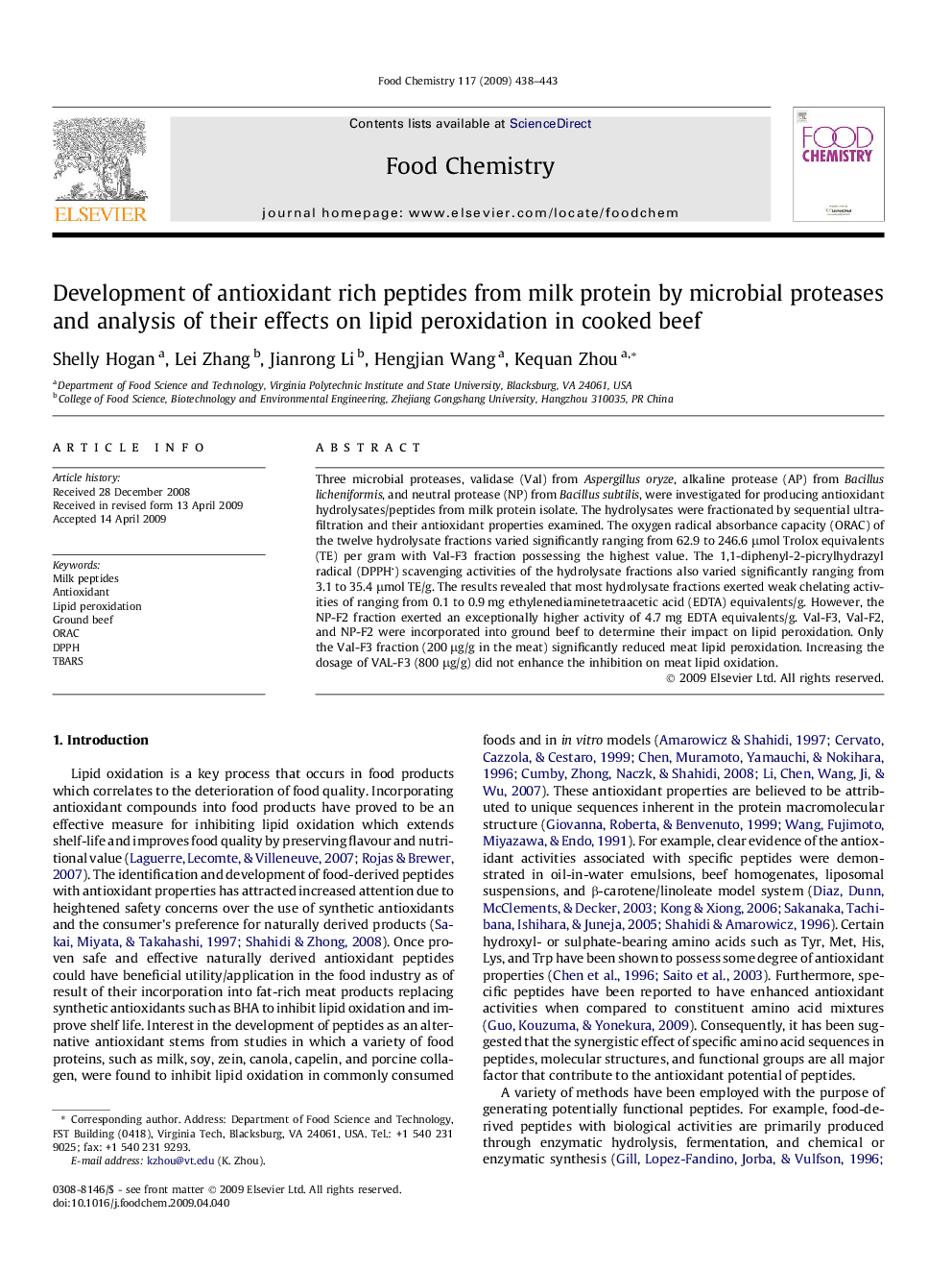 Development of antioxidant rich peptides from milk protein by microbial proteases and analysis of their effects on lipid peroxidation in cooked beef