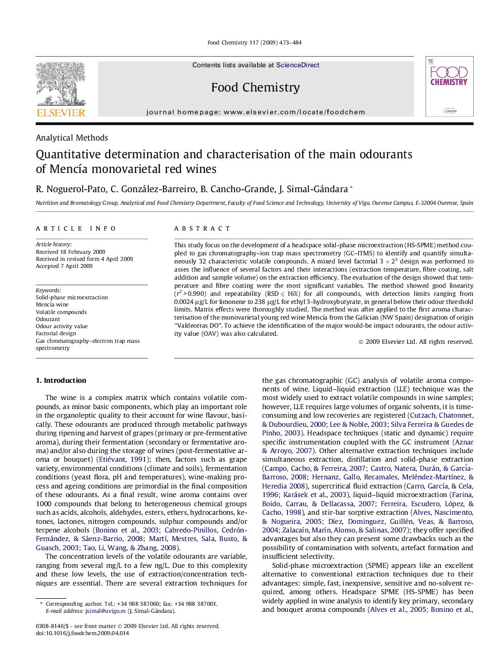 Quantitative determination and characterisation of the main odourants of Mencía monovarietal red wines