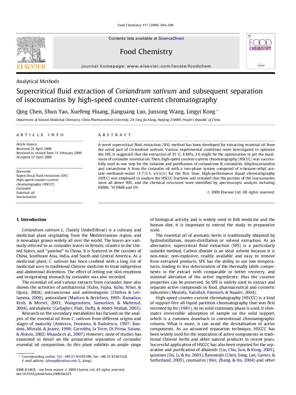 Supercritical fluid extraction of Coriandrum sativum and subsequent separation of isocoumarins by high-speed counter-current chromatography