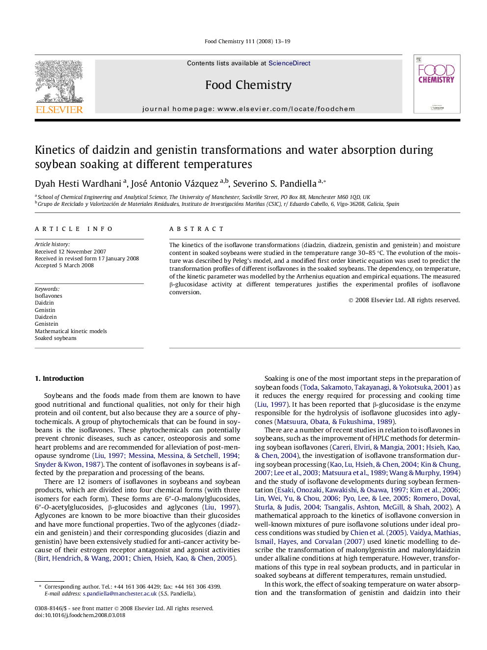 Kinetics of daidzin and genistin transformations and water absorption during soybean soaking at different temperatures