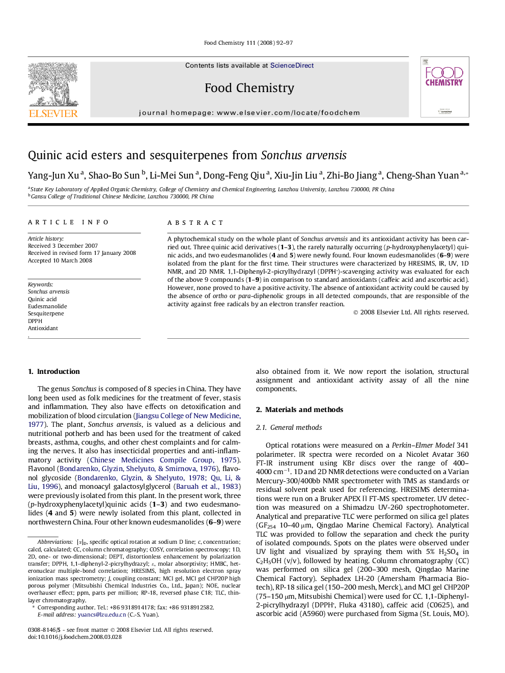 Quinic acid esters and sesquiterpenes from Sonchus arvensis