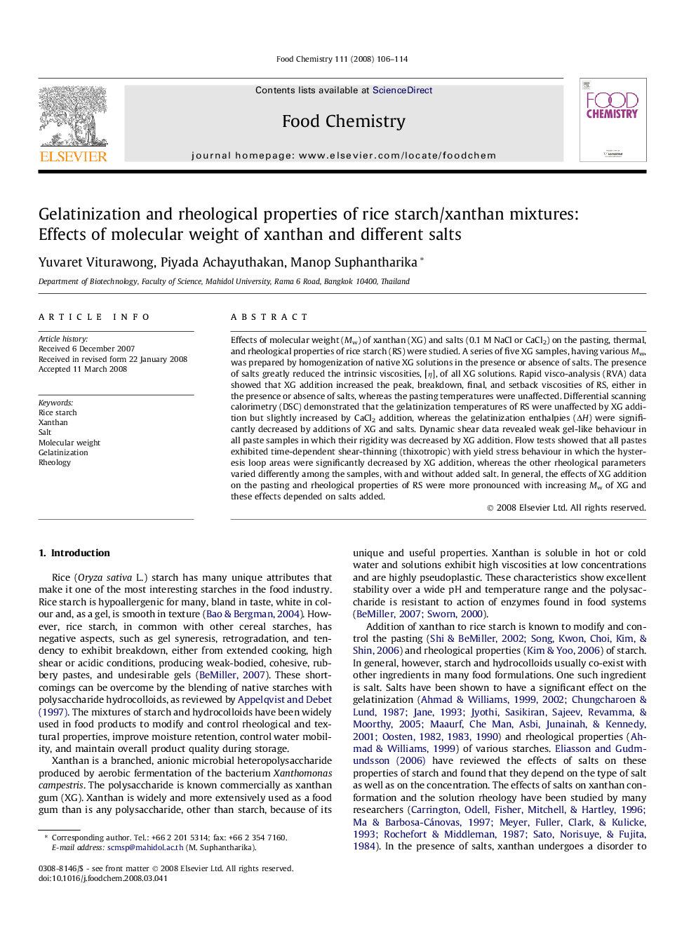 Gelatinization and rheological properties of rice starch/xanthan mixtures: Effects of molecular weight of xanthan and different salts