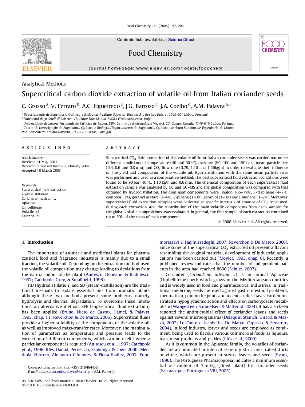 Supercritical carbon dioxide extraction of volatile oil from Italian coriander seeds