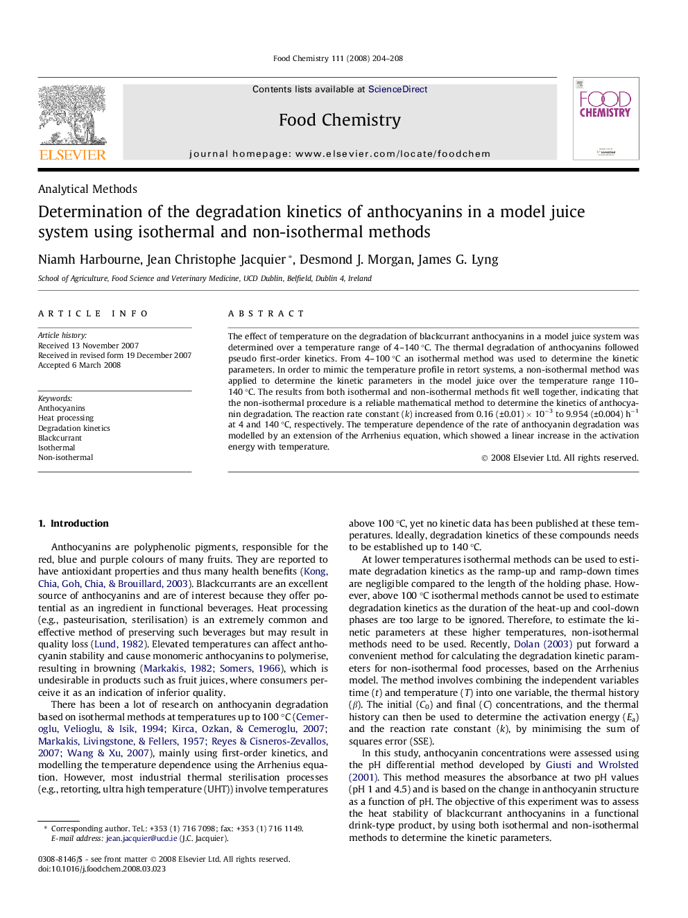 Determination of the degradation kinetics of anthocyanins in a model juice system using isothermal and non-isothermal methods