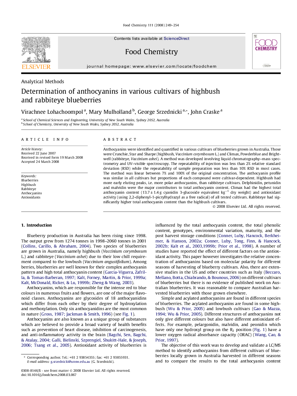 Determination of anthocyanins in various cultivars of highbush and rabbiteye blueberries