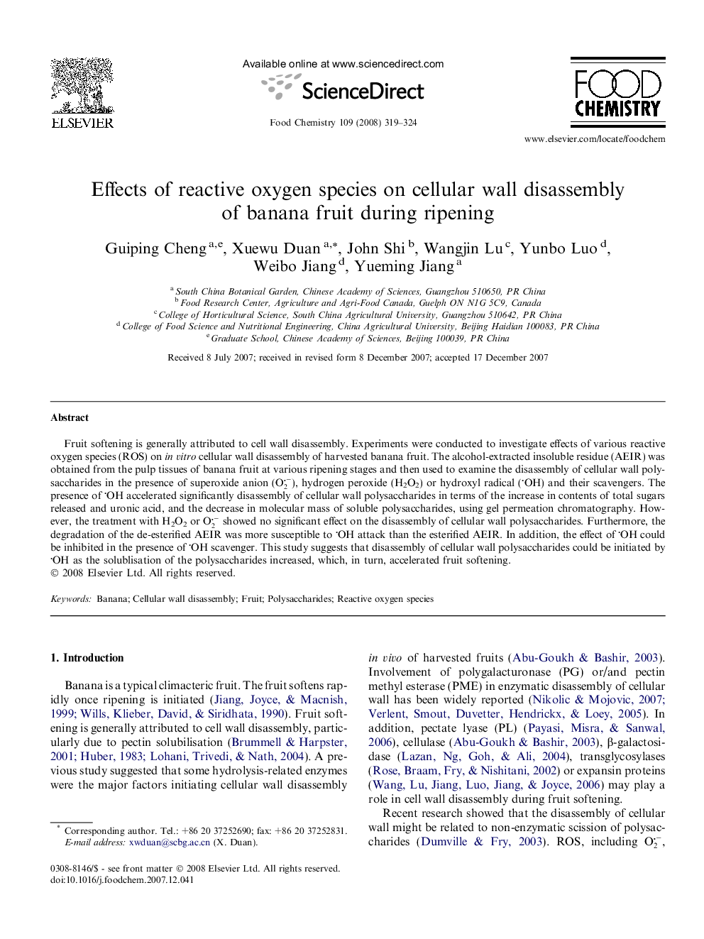 Effects of reactive oxygen species on cellular wall disassembly of banana fruit during ripening