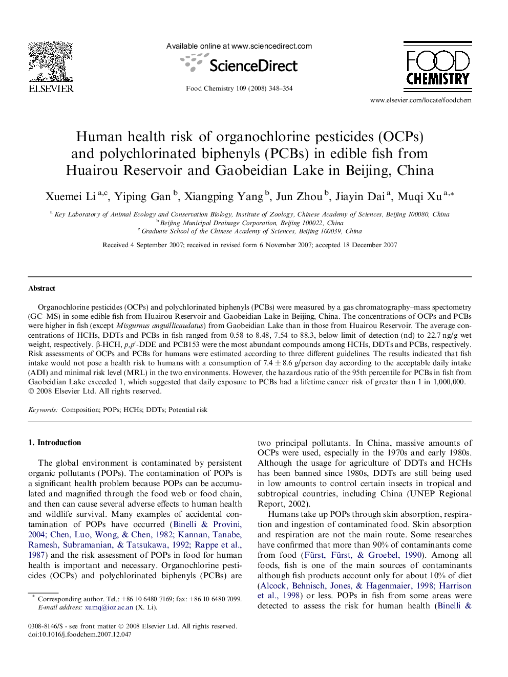 Human health risk of organochlorine pesticides (OCPs) and polychlorinated biphenyls (PCBs) in edible fish from Huairou Reservoir and Gaobeidian Lake in Beijing, China