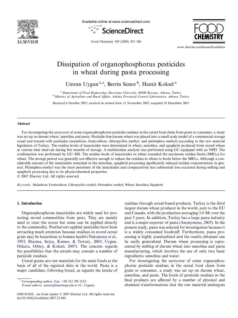 Dissipation of organophosphorus pesticides in wheat during pasta processing