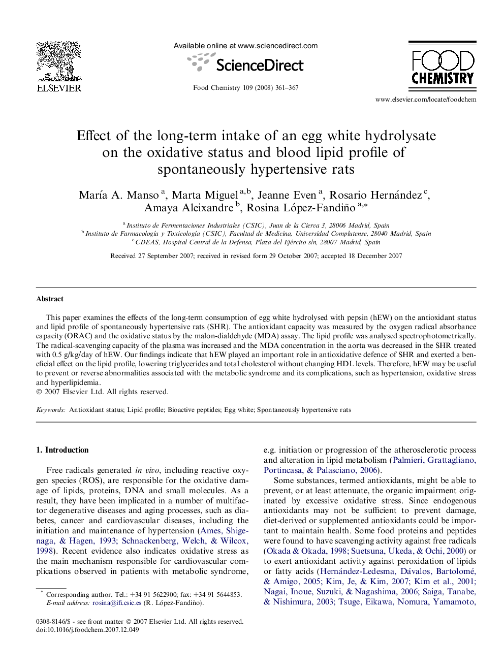 Effect of the long-term intake of an egg white hydrolysate on the oxidative status and blood lipid profile of spontaneously hypertensive rats