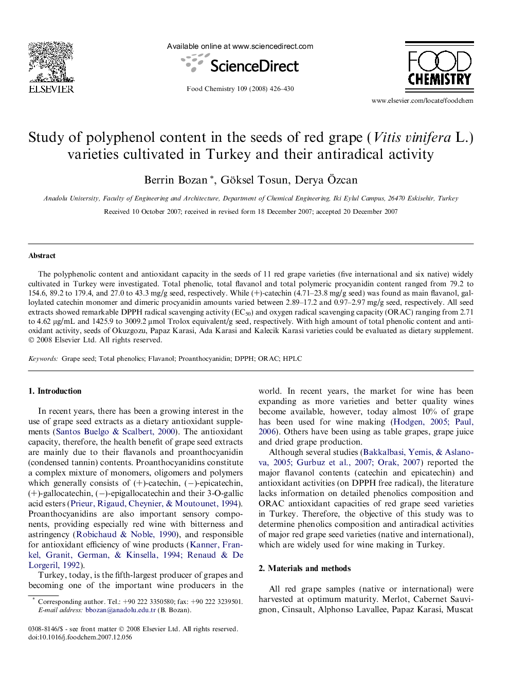 Study of polyphenol content in the seeds of red grape (Vitis vinifera L.) varieties cultivated in Turkey and their antiradical activity