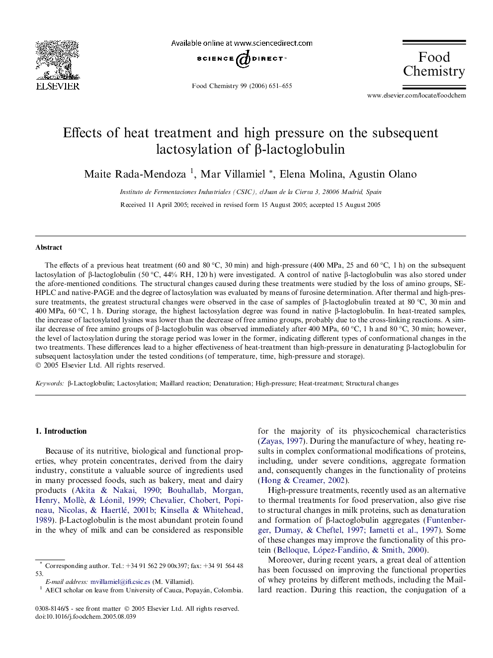 Effects of heat treatment and high pressure on the subsequent lactosylation of β-lactoglobulin