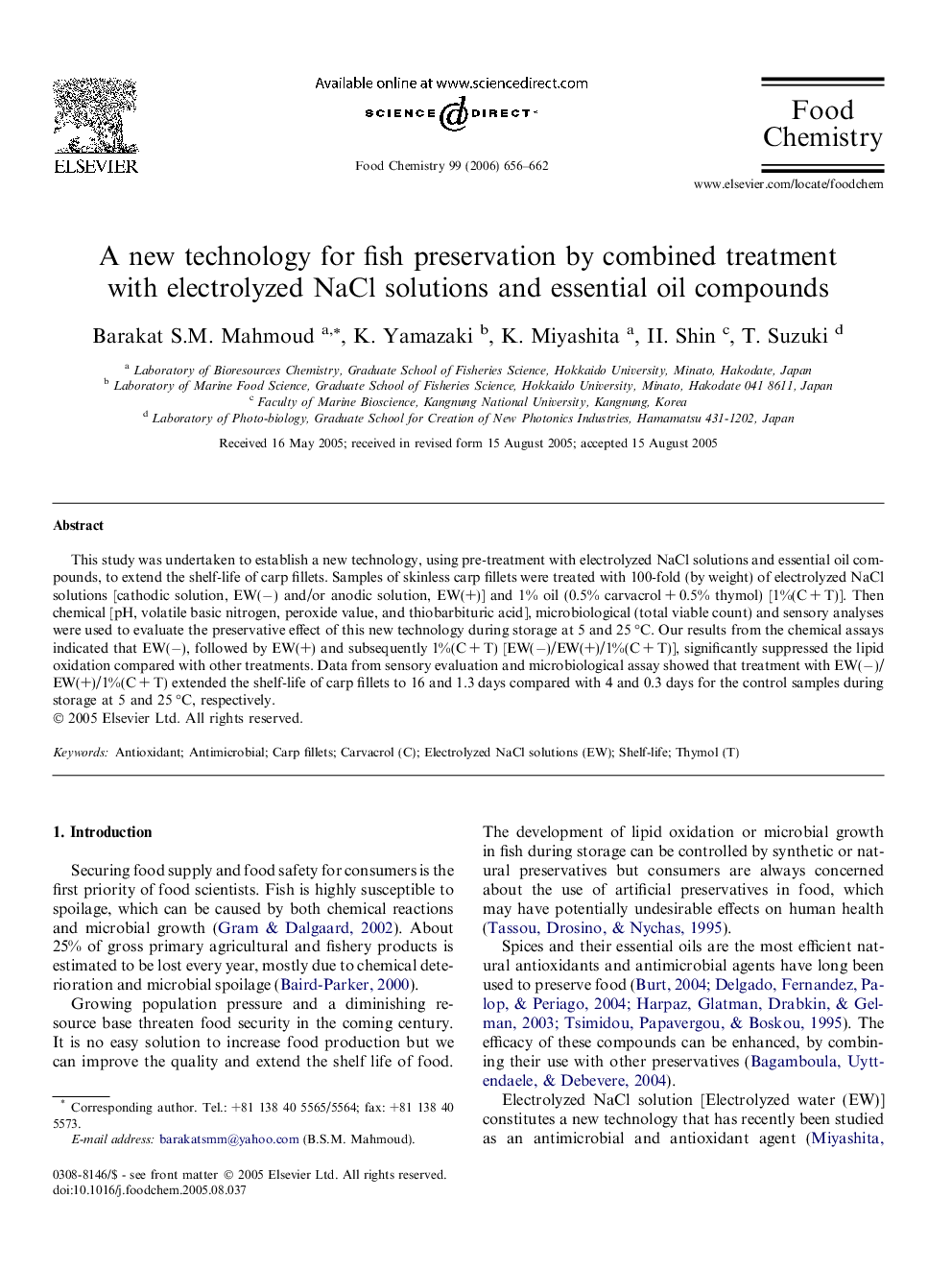 عکس صفحه اول مقاله: A new technology for fish preservation by combined treatment with electrolyzed NaCl solutions and essential oil compounds A new technology for fish preservation by combined treatment with electrolyzed NaCl solutions and essential oil compounds