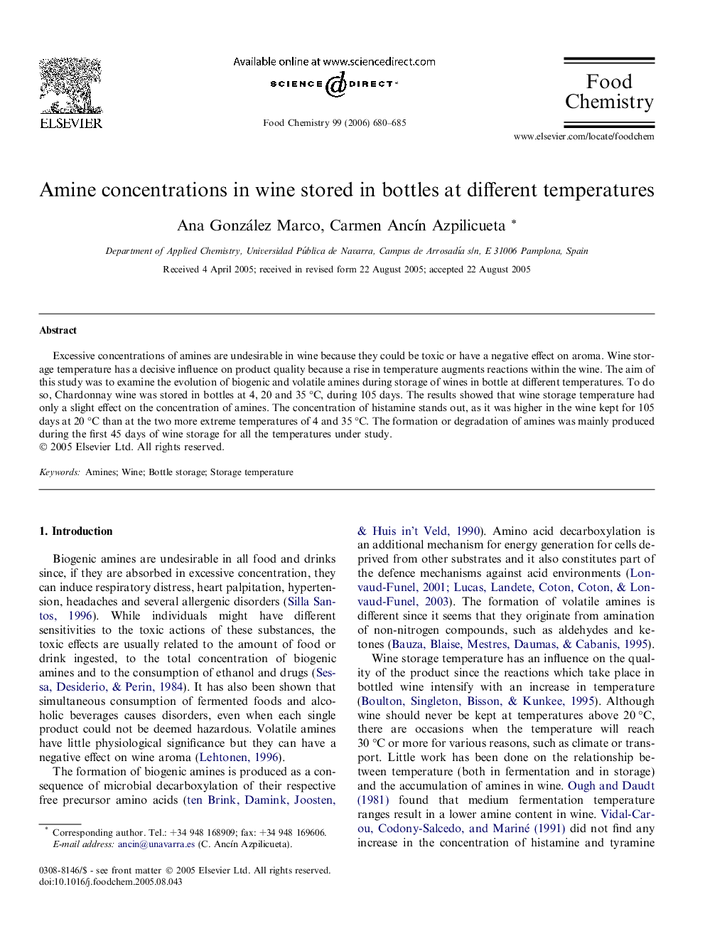 عکس صفحه اول مقاله: Amine concentrations in wine stored in bottles at different temperatures Amine concentrations in wine stored in bottles at different temperatures