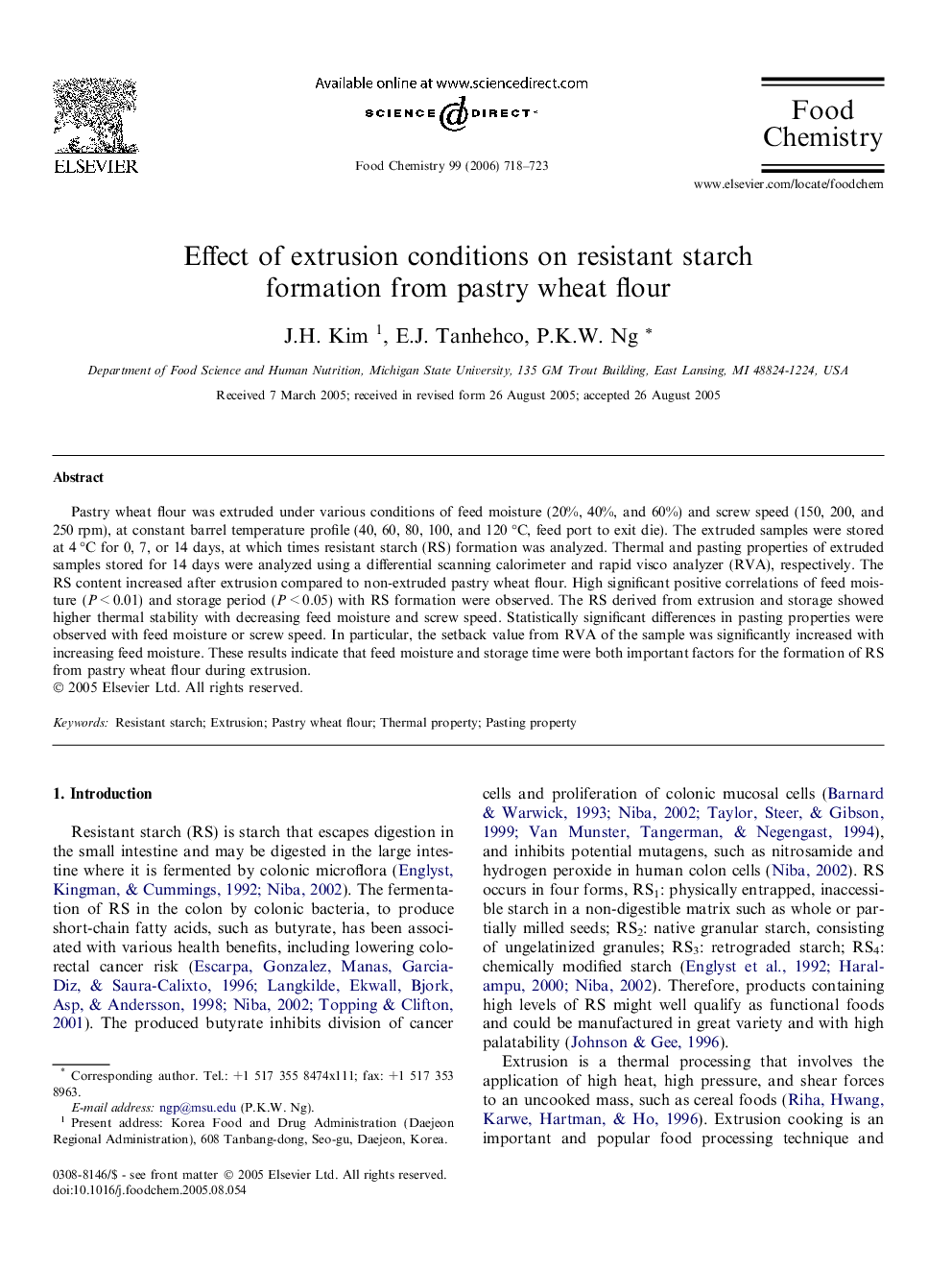 Effect of extrusion conditions on resistant starch formation from pastry wheat flour