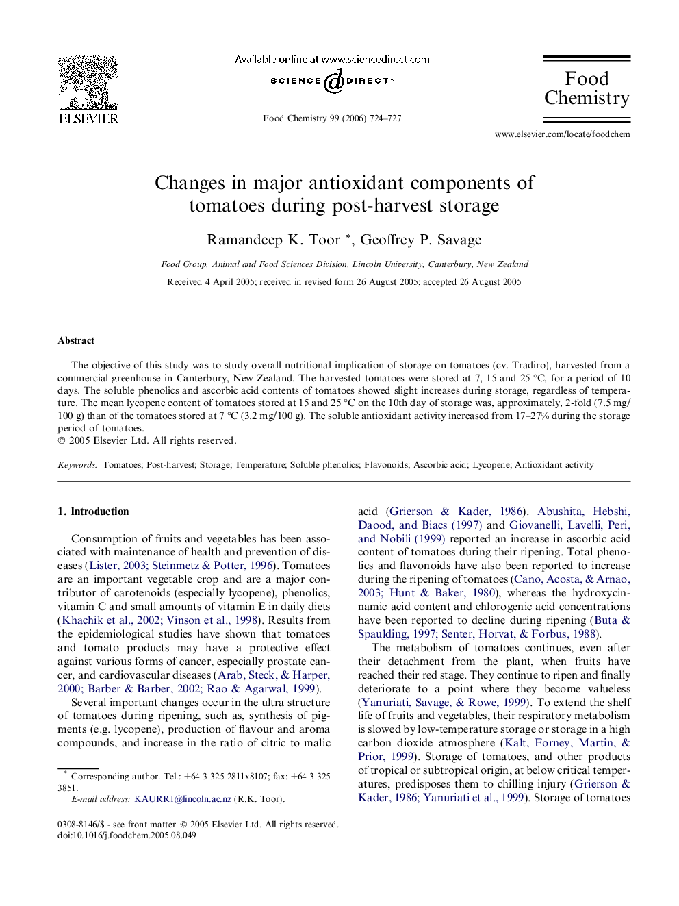 Changes in major antioxidant components of tomatoes during post-harvest storage