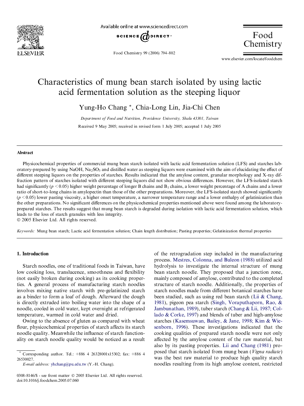 Characteristics of mung bean starch isolated by using lactic acid fermentation solution as the steeping liquor