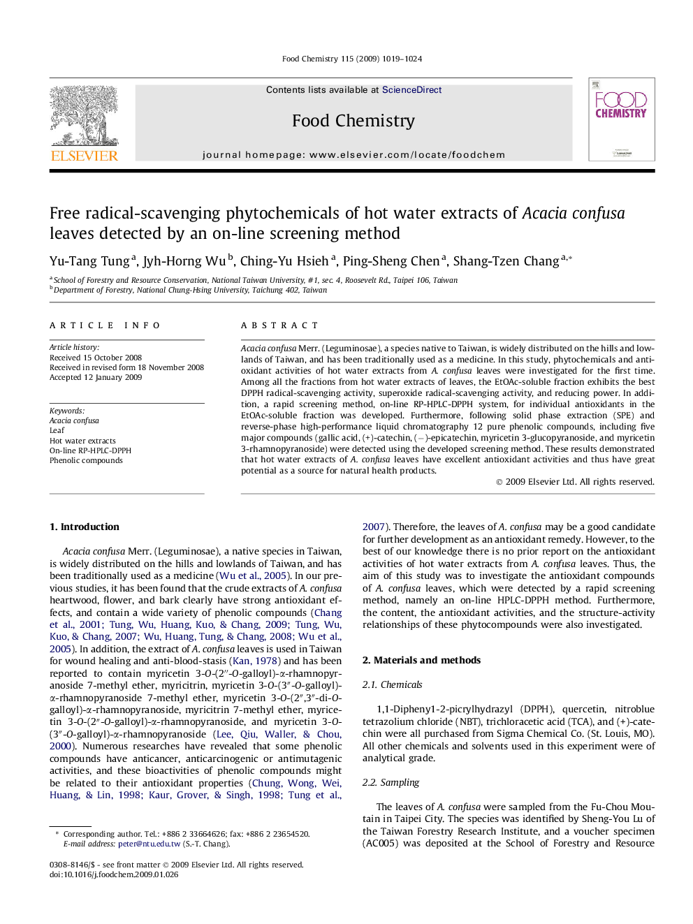 Free radical-scavenging phytochemicals of hot water extracts of Acacia confusa leaves detected by an on-line screening method