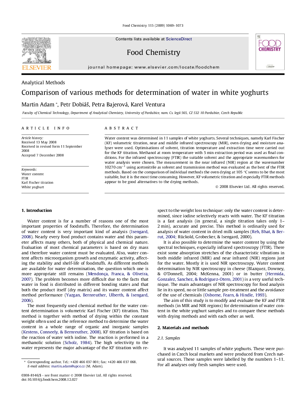 Comparison of various methods for determination of water in white yoghurts