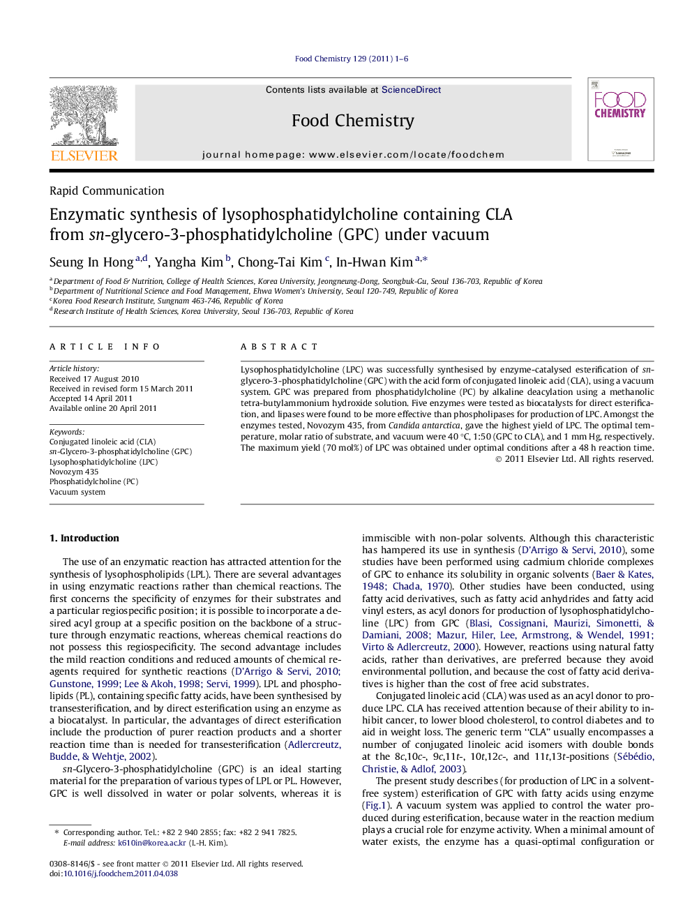 Enzymatic synthesis of lysophosphatidylcholine containing CLA from sn-glycero-3-phosphatidylcholine (GPC) under vacuum