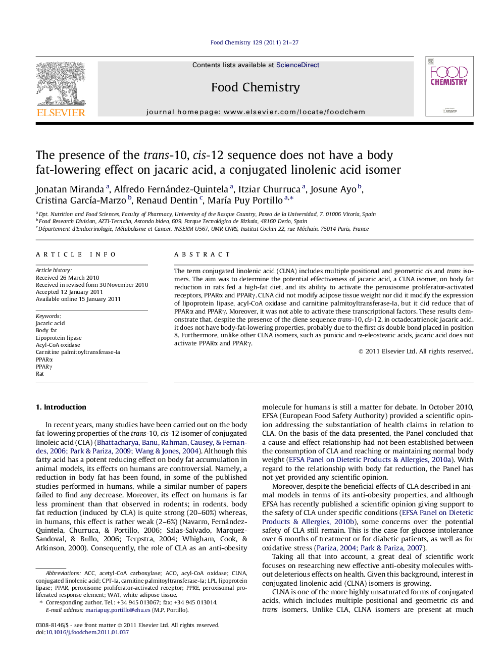 The presence of the trans-10, cis-12 sequence does not have a body fat-lowering effect on jacaric acid, a conjugated linolenic acid isomer