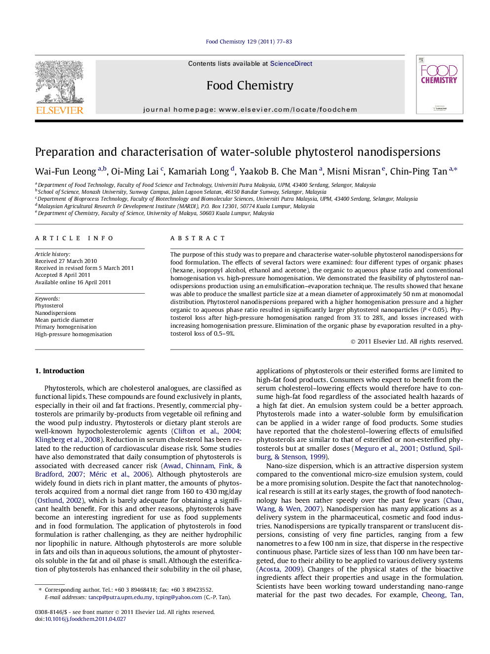 Preparation and characterisation of water-soluble phytosterol nanodispersions