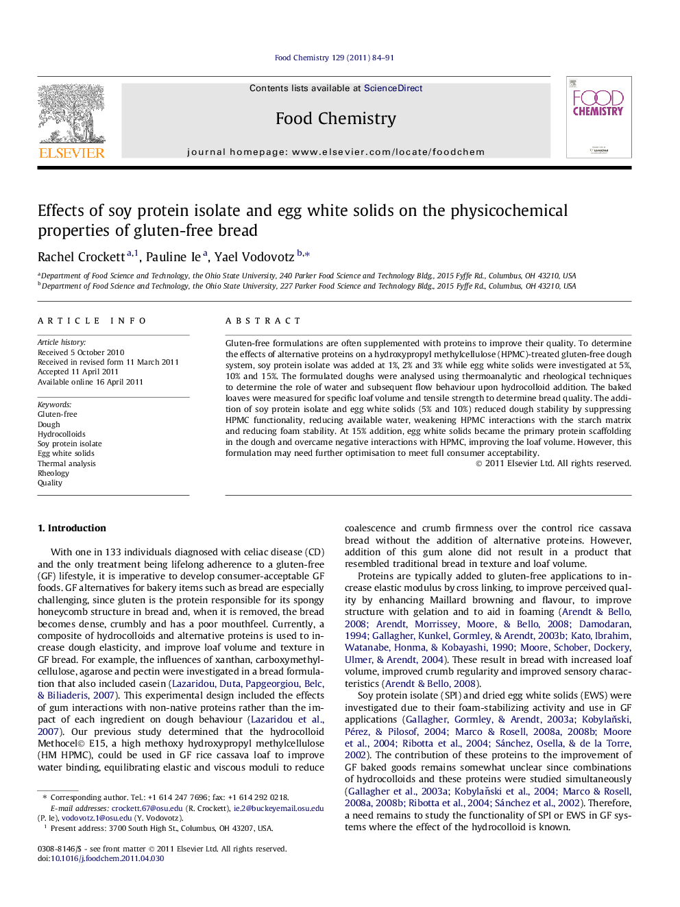 Effects of soy protein isolate and egg white solids on the physicochemical properties of gluten-free bread