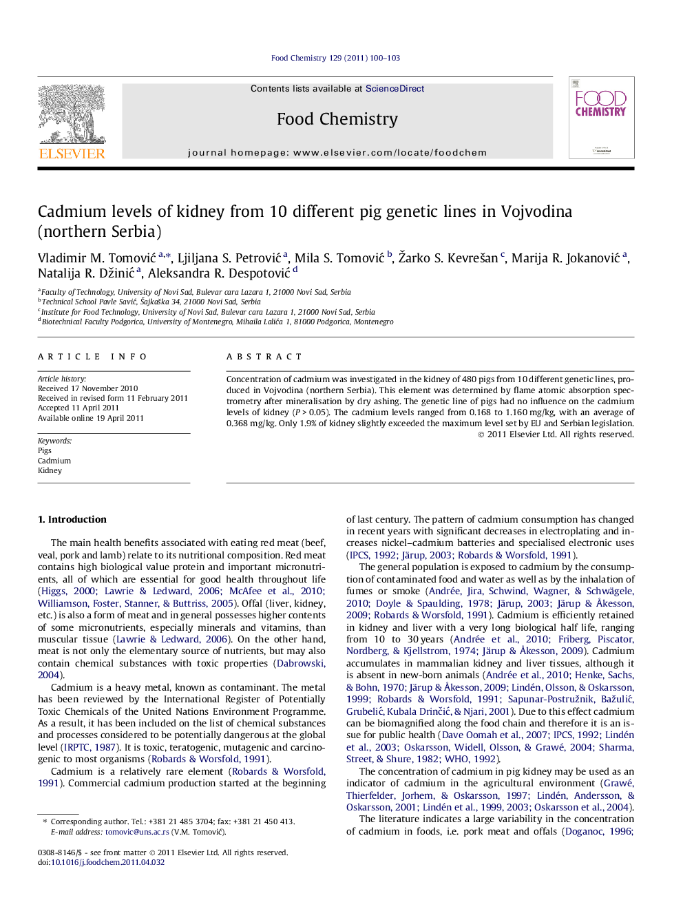 Cadmium levels of kidney from 10 different pig genetic lines in Vojvodina (northern Serbia)