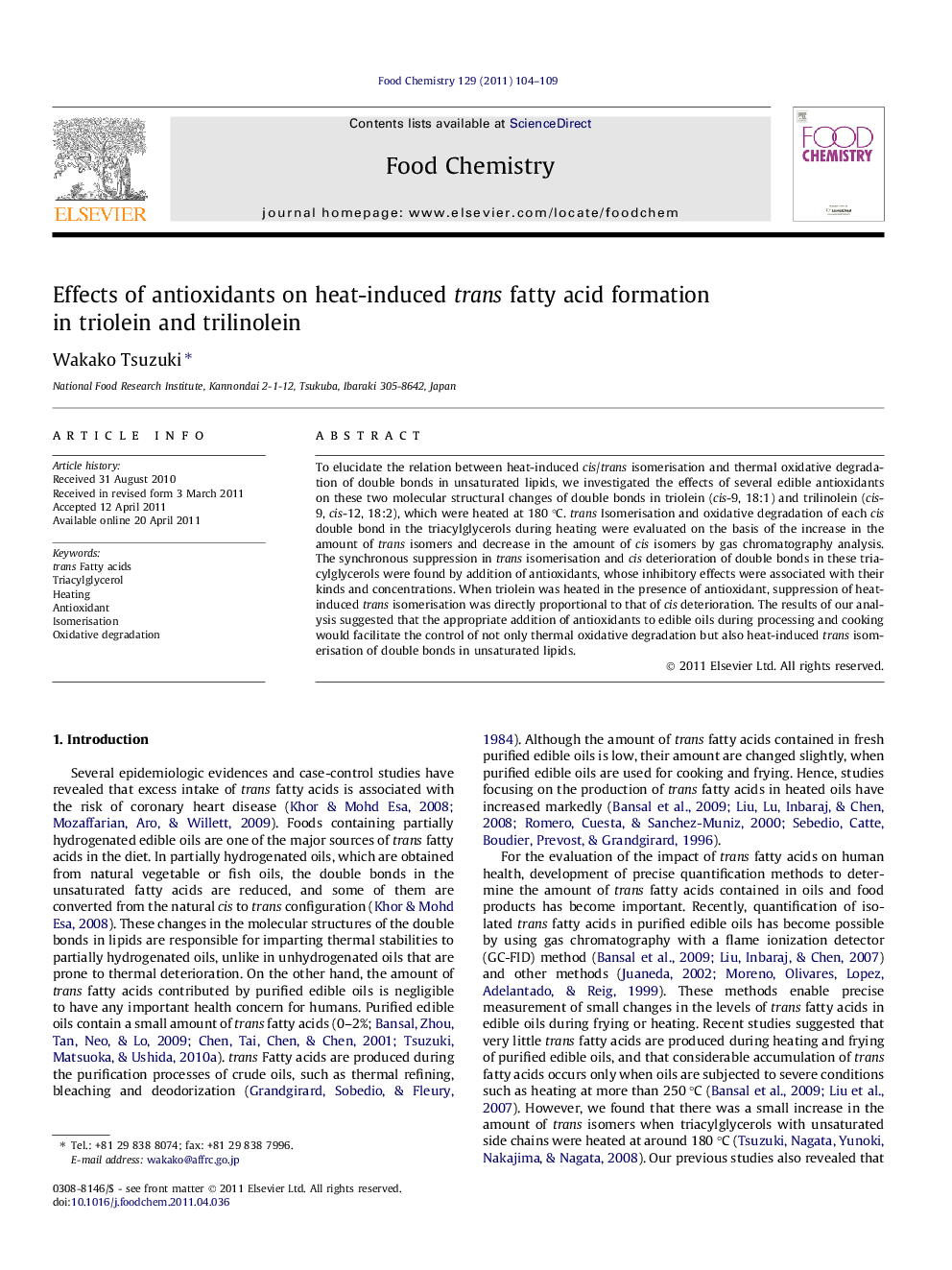 Effects of antioxidants on heat-induced trans fatty acid formation in triolein and trilinolein