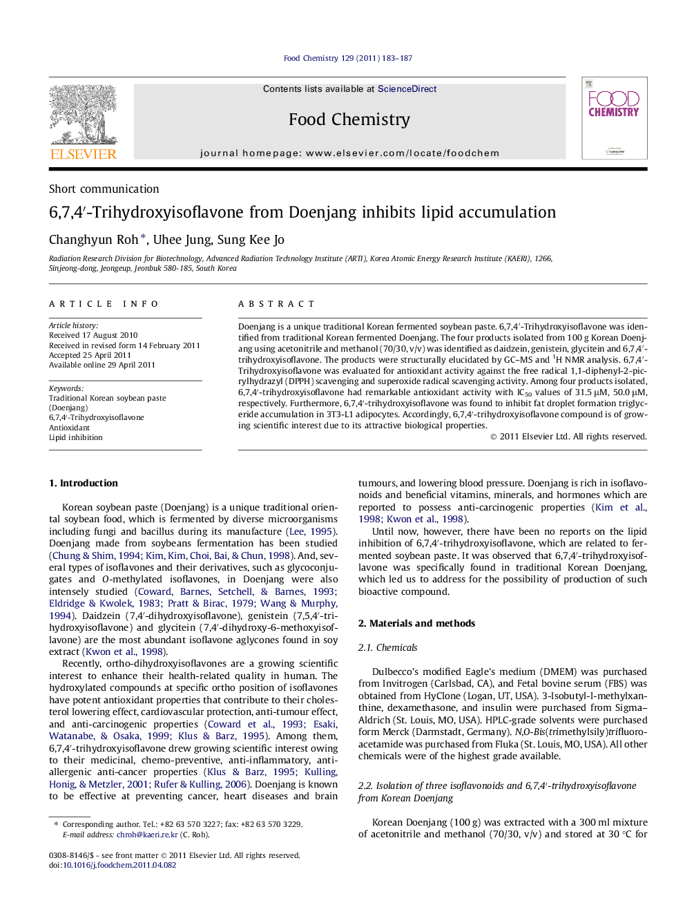 6,7,4â²-Trihydroxyisoflavone from Doenjang inhibits lipid accumulation