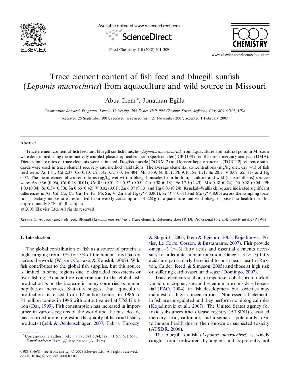 Trace element content of fish feed and bluegill sunfish (Lepomis macrochirus) from aquaculture and wild source in Missouri